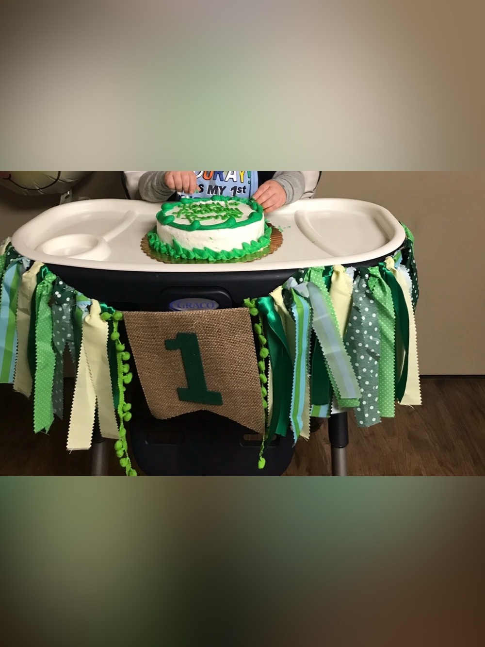 Green First Birthday High Chair Banner with Ribbon Garland